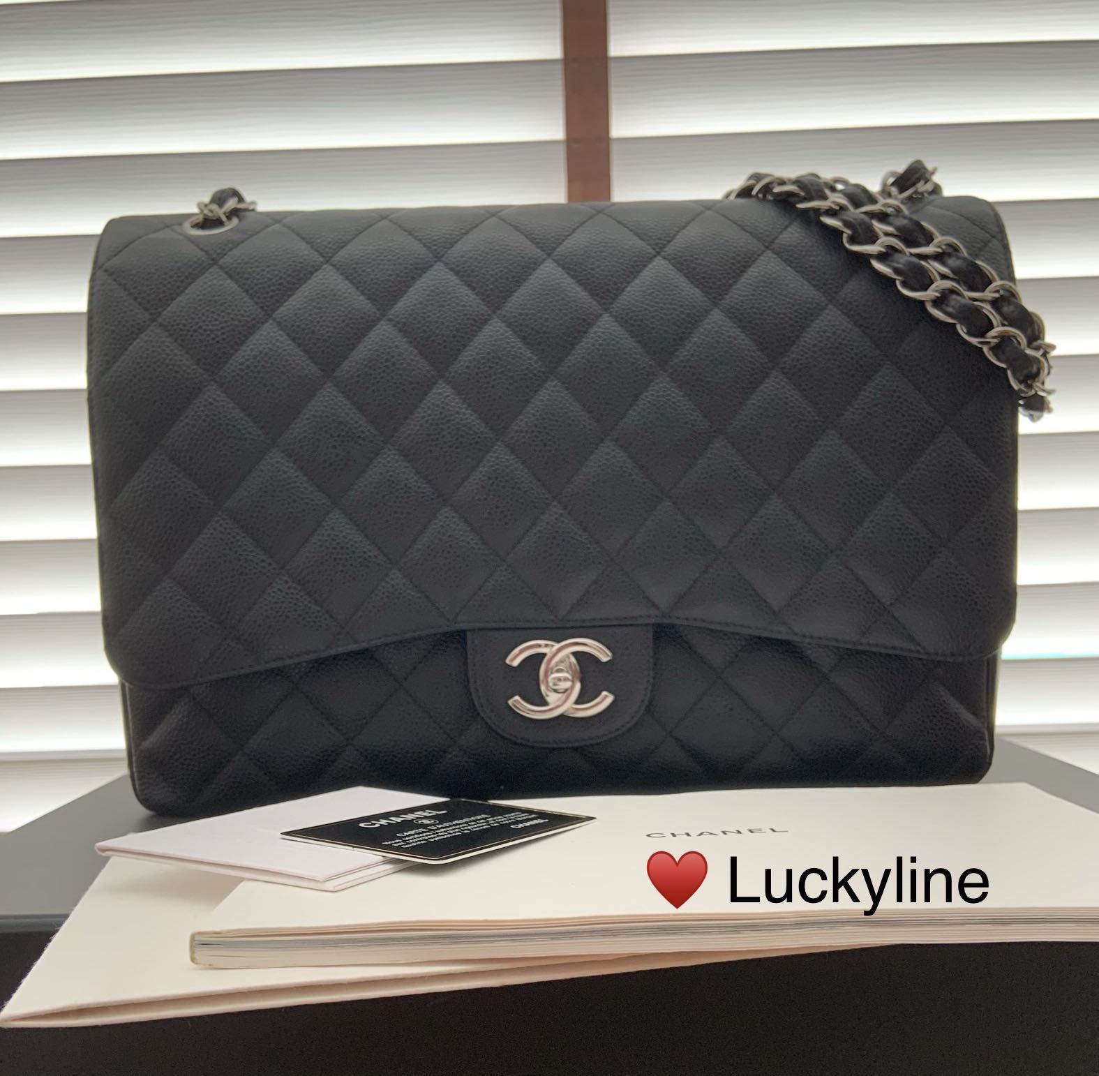 Full Set - Chanel Classic Maxi Double Flap Black Caviar (Silver Hardware) ,  Luxury, Bags & Wallets on Carousell