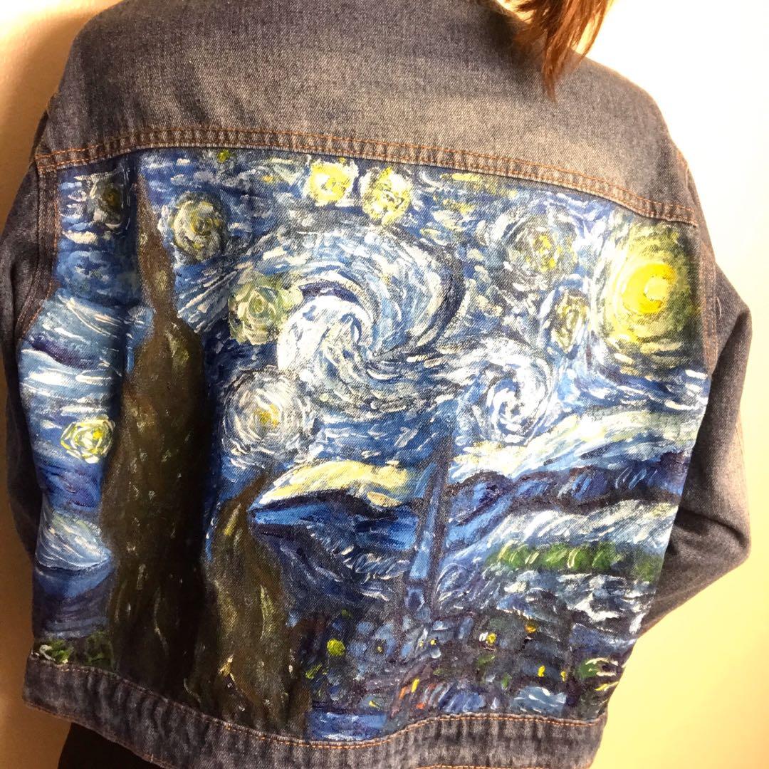 Hand Painted Van Gogh Denim Jacket Starry Starry Night, Women's Fashion ...