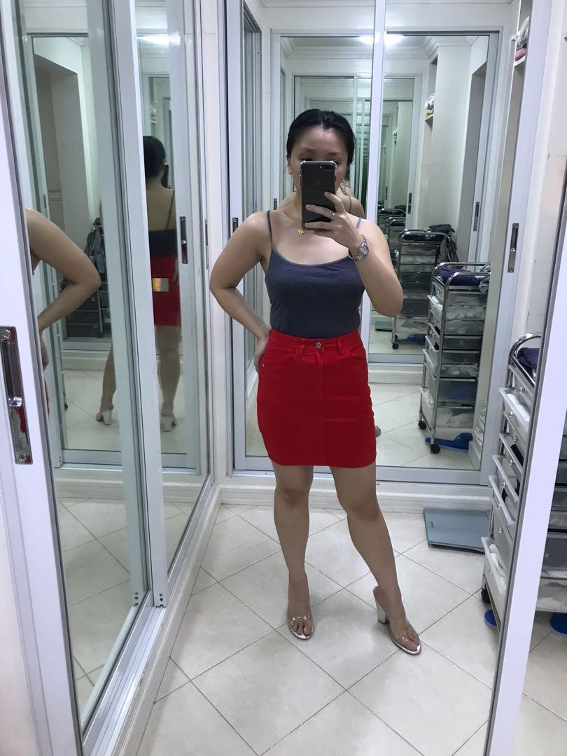 Missguided Red Super Stretch Denim Pencil Skirt Women s Fashion Bottoms Skirts on Carousell