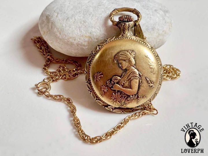 Very Rare and Vintage CHATEAU PENDANT Manual Antimagnetic WATCH Necklace in CAMEO Brass Case