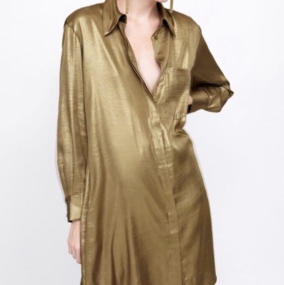 Zara Gold Shirt Dress, Women's Fashion 