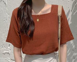 [Made in Korea] 磚紅色女裝短袖上衣 Linen Square blouse in brick