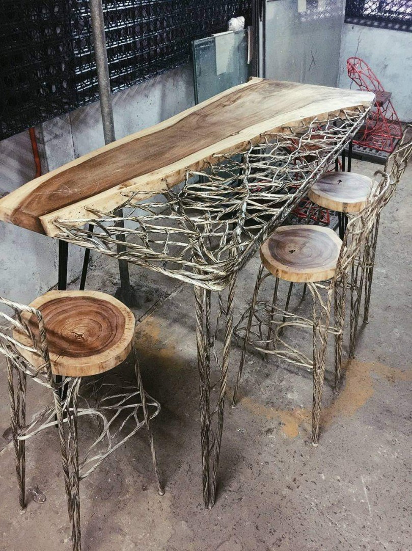 Solid Acacia Wood Slab Bar Dining Table Stool with Wrought Iron ...