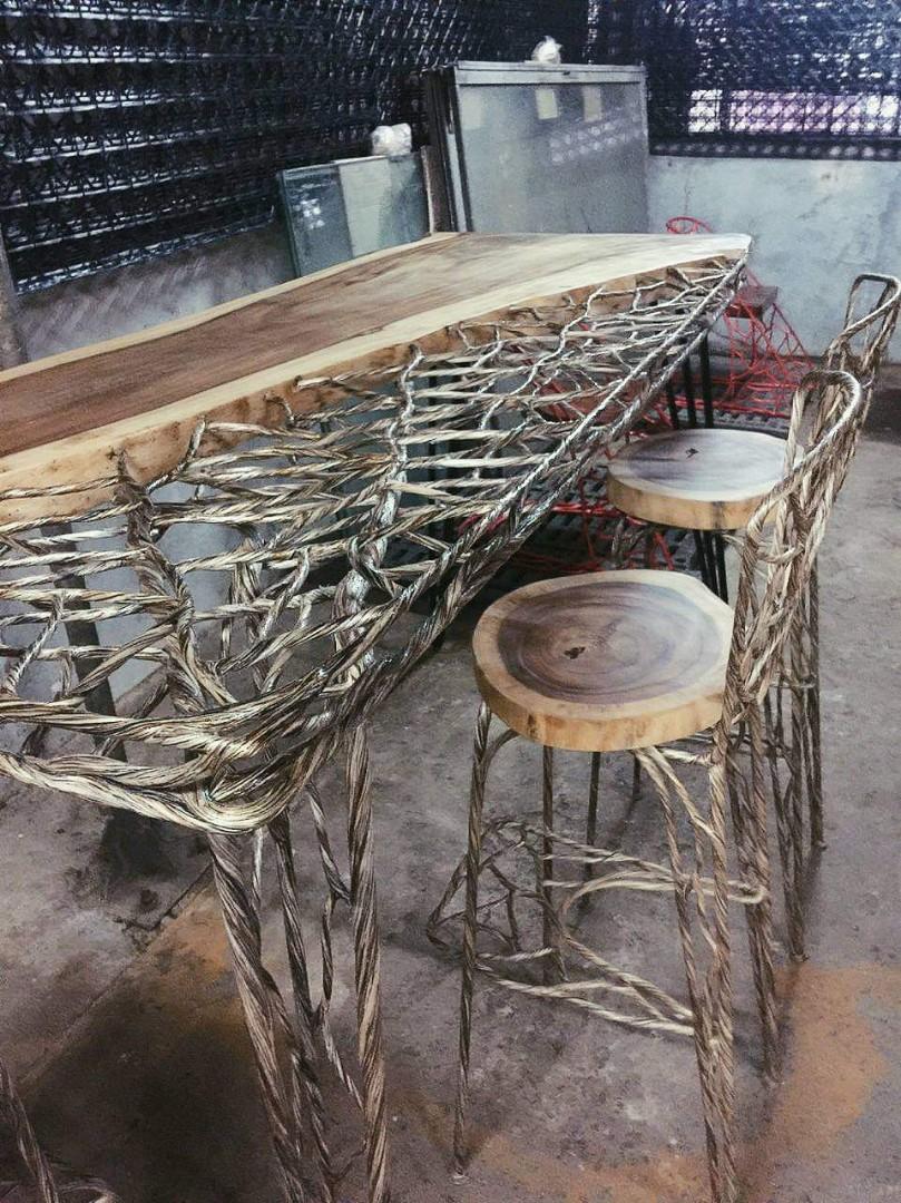 Solid Acacia Wood Slab Bar Dining Table Stool with Wrought Iron ...