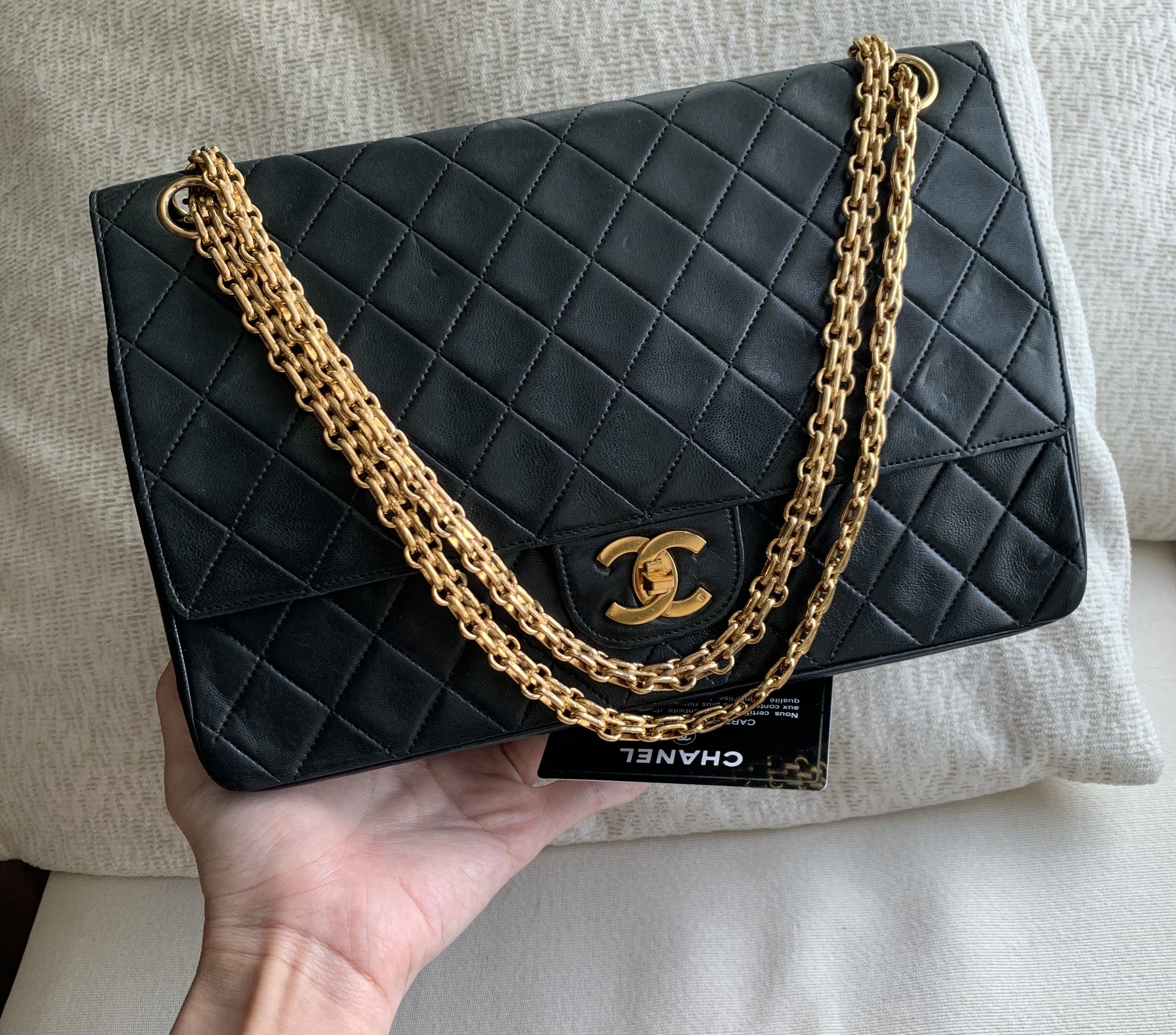 RARE NEW 100% Auth CHANEL Black Ostrich Leather Gold Chain 9.5