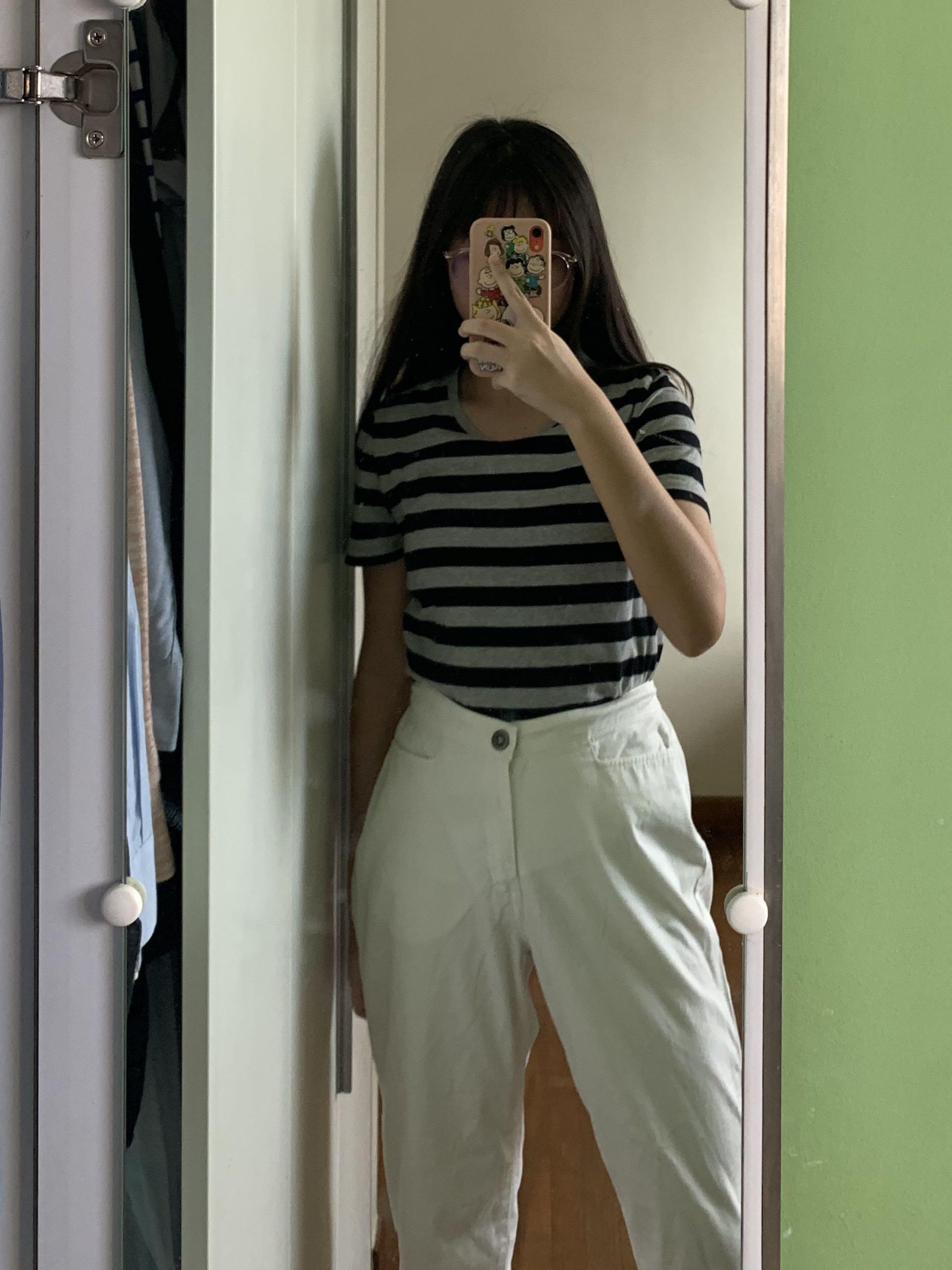 basic striped tee (Category: Shirts) located in Singapore. Submitted by ducknoods (Listing ID 1027101881, Image 2). Description: basic striped top that is easy to style!!preloved. has slight furring, do note. can fit uk6-uk8.