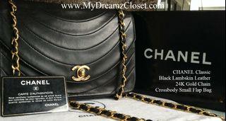 CHANEL Classic Black Lambskin Leather 24K Gold Chain Crossbody Small Flap Bag