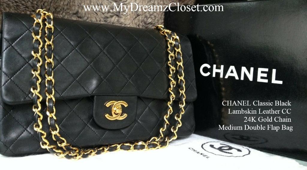 CHANEL Classic Black Lambskin Leather CC 24K Gold Chain Medium Double Flap  Bag, Women's Fashion, Bags & Wallets, Purses & Pouches on Carousell