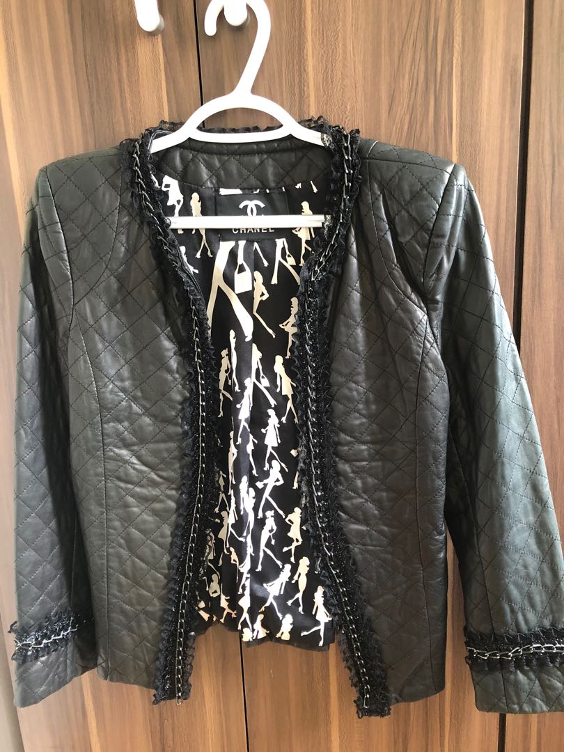 Chanel Navy Quilted with Tweed Embellishment Detail Leather Jacket FR   Sellier