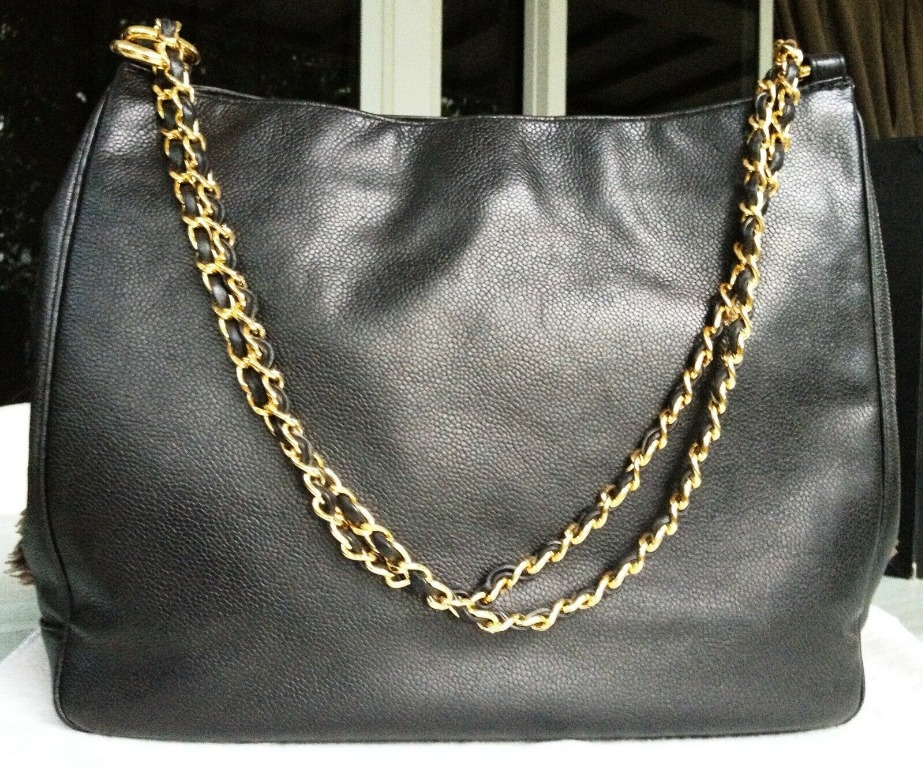 FULL SET CLASSIC CHANEL Black Caviar Leather Big CC Gold Chain Shopper Tote Bag