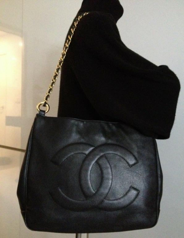 FULL SET CLASSIC CHANEL Black Caviar Leather Big CC Gold Chain Shopper Tote Bag
