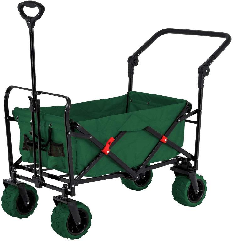 Green Wide Wheel Wagon All Terrain Folding Collapsible Utility Wagon With Push Bar Portable Rolling Heavy Duty 265 Lb Capacity Canvas Fabric Cart Buggy Beach Garden Sporting Events Park Picnic