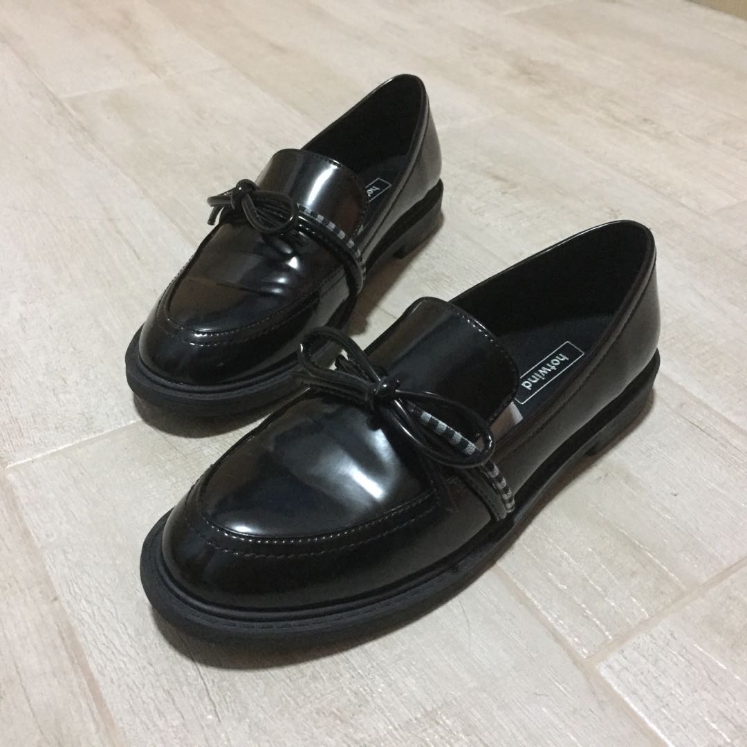 Hot Wind Black Patent Leather Ribbon Loafers/Boat Shoes 39