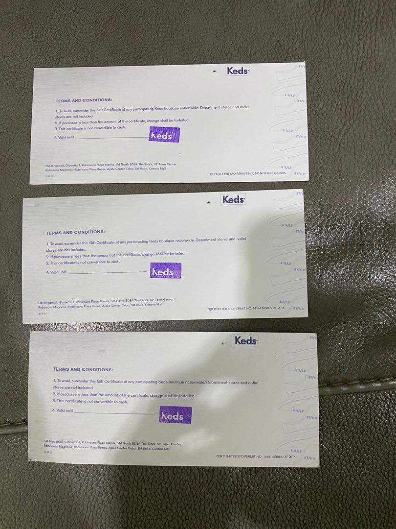 Keds Shoes Gift Certificate Worth 3K (Category: Sneakers) located in Mandaluyong City. Submitted by fphoney (Listing ID 1027125106, Image 2). Description: - 3k worth of Keds GCs for only 2k - No expiry - Valid in SM megamall, Glorietta 3, Robinsons Place Manila, SM north edsa, UP town center, Robinsons Magnolia, Robinsons Ilocos, Ayala center cebu, SM iloilo, Centrio Mall.