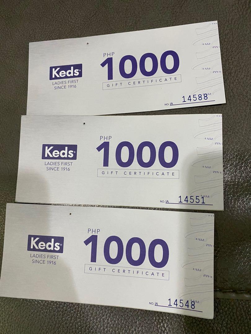 Keds Shoes Gift Certificate Worth 3K (Category: Sneakers) located in Mandaluyong City. Submitted by fphoney (Listing ID 1027125106, Image 1). Description: - 3k worth of Keds GCs for only 2k - No expiry - Valid in SM megamall, Glorietta 3, Robinsons Place Manila, SM north edsa, UP town center, Robinsons Magnolia, Robinsons Ilocos, Ayala center cebu, SM iloilo, Centrio Mall.