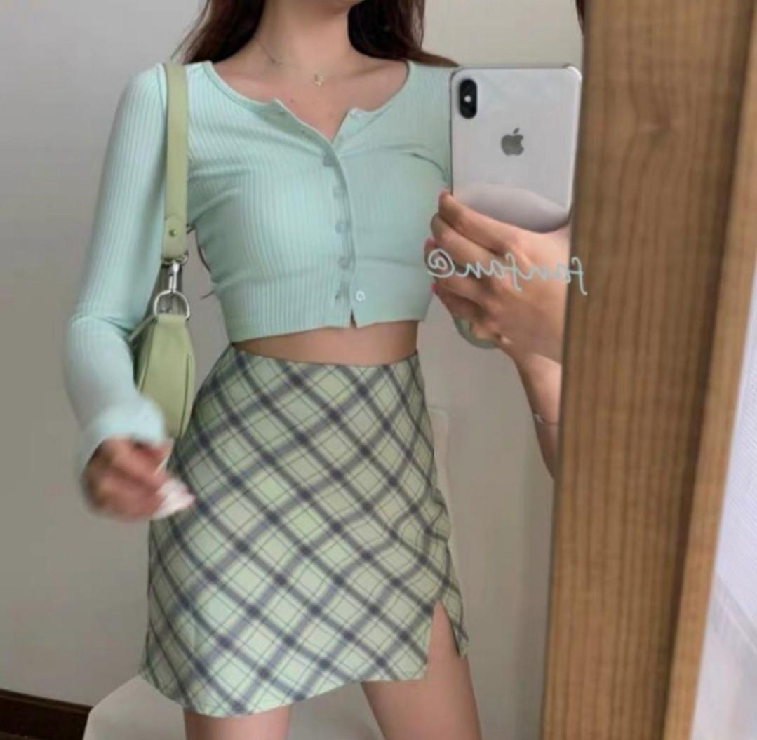 mint green cropped cardigan