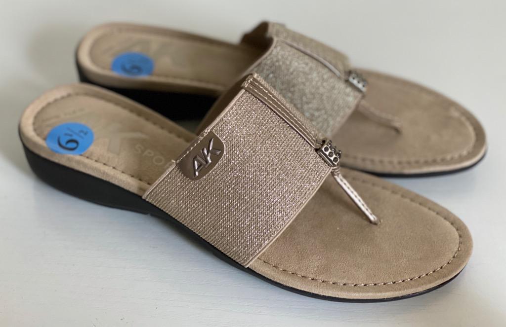 NEW ANNE KLEIN AK SPORT KOPPA GOLD THONG WEDGES SANDALS SHOES 6.5