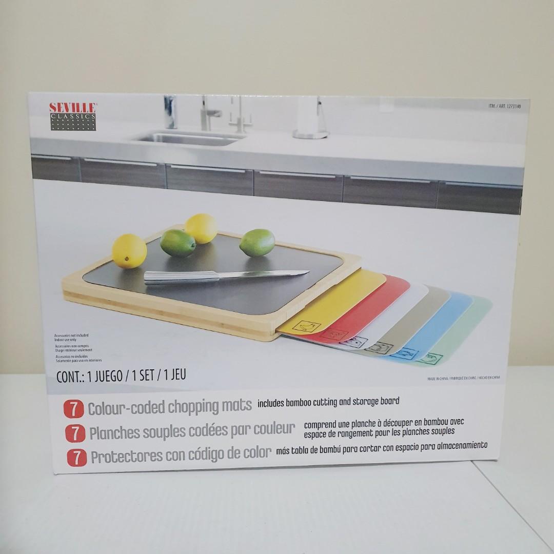 Seville Classics Bamboo Cutting Board w/ 7 Color-Coded Cutting Mats