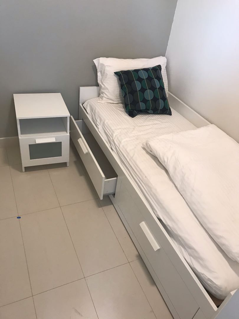 Single bed with storage plus bed side table, Furniture & Home Living
