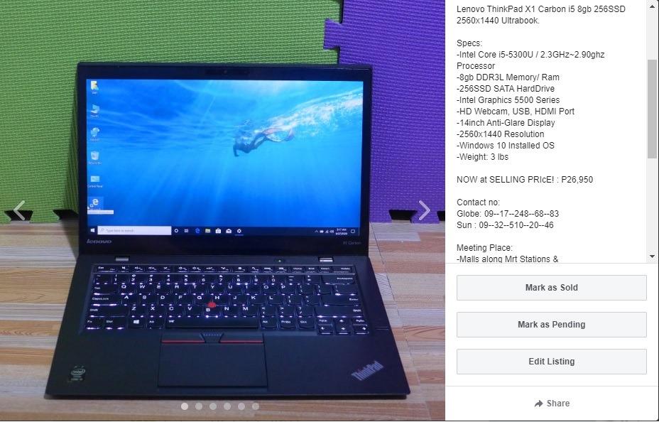 Thinkpad X1 Carbon I5 8gb 256ssd 2560x1440 Ultrabook Electronics Computers Laptops On Carousell