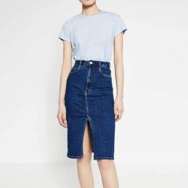 denim midi pencil skirt