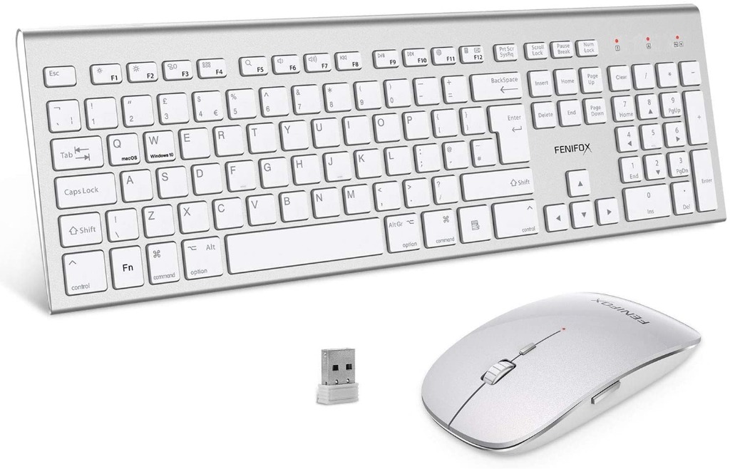 FENIFOX Wireless Keyboard & Mouse, Dual System Switching Double Ergonomic 2.4G USB Full Size UK Layout for Computer PC Mac imac Laptop Windows 10 8 7 Xp (Silver & White),