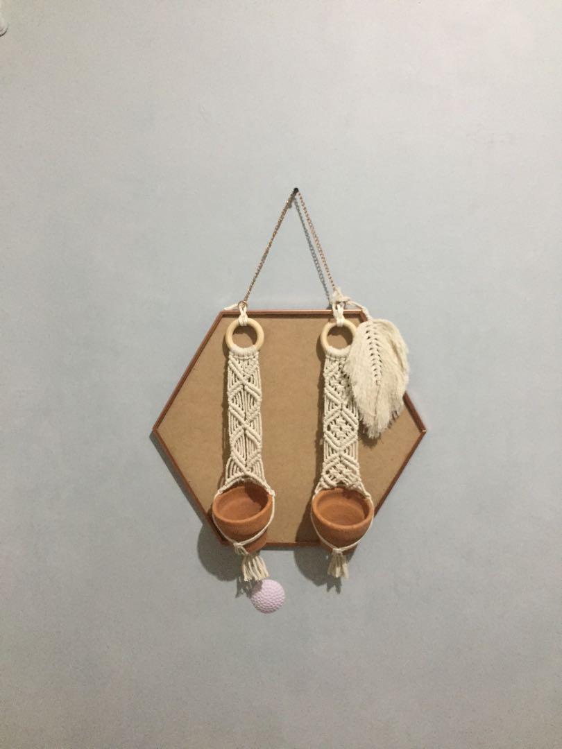 Macrame Plant Hanger with Pot (Category: Pots & Planters) located in Pasig City. Submitted by shophefty (Listing ID 1032484747, Image 1). Description: Macrame Plant Hanger with Pot Php 120/set Buy 2 sets, get 1 free feather macrame❣️ *plant hanger and pot only #wishlist9.