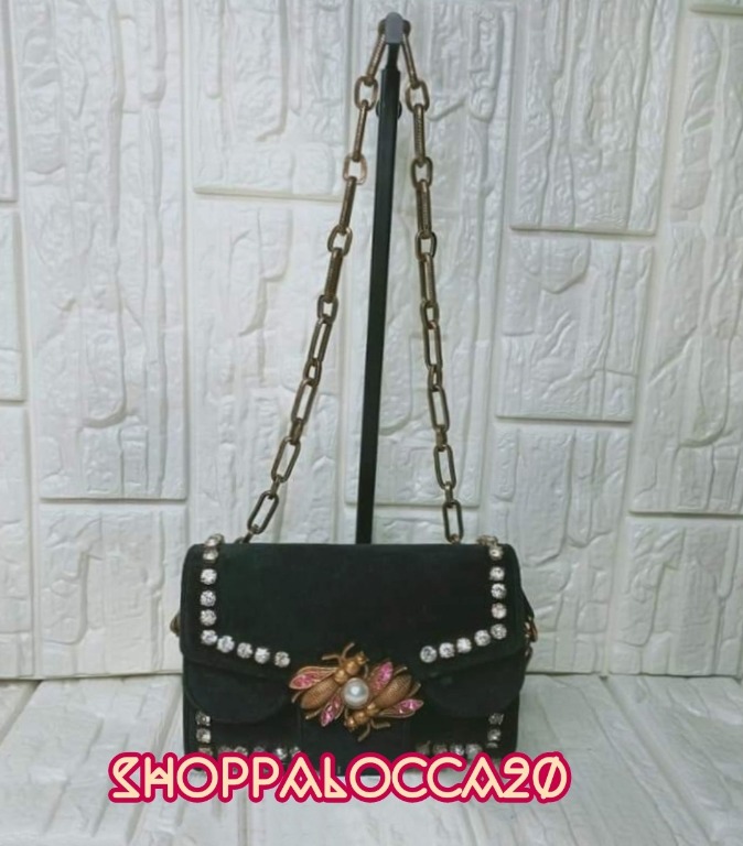 PRE LOVED GUCCI VELVET CRYSTAL BROADWAY BEE MINI SHOULDER BAG