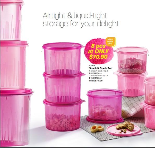 Tupperware Snack N Stack Set (Category: Food Organisation & Storage) located in Singapore. Submitted by theessentialstore (Listing ID 1032465020, Image 2). Description: Snack N Stack Set 1. Snack N Stack (4) 2.4L D 18.6 H 13.4 cm 2. Snack N Stack (4) 1.1L D 15.0 H 10.5cm .