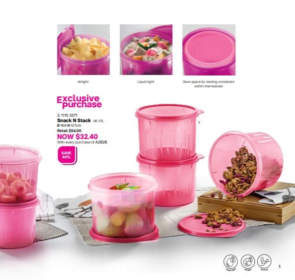 Tupperware Snack N Stack Set (Category: Food Organisation & Storage) located in Singapore. Submitted by theessentialstore (Listing ID 1032465020, Image 1). Description: Snack N Stack Set 1. Snack N Stack (4) 2.4L D 18.6 H 13.4 cm 2. Snack N Stack (4) 1.1L D 15.0 H 10.5cm .