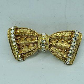 Vintage Gold Bow Brooch with Rhinestones