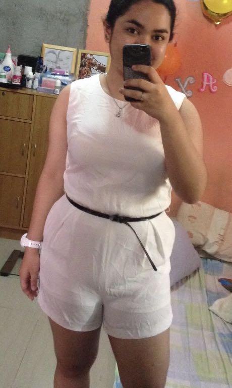 White sleeveless romper (Category: Rompers) located in San Jose del Monte. Submitted by _ecjc (Listing ID 1032456675, Image 3). Description: Lace sa likod. Perfect lagyan ng black belt..