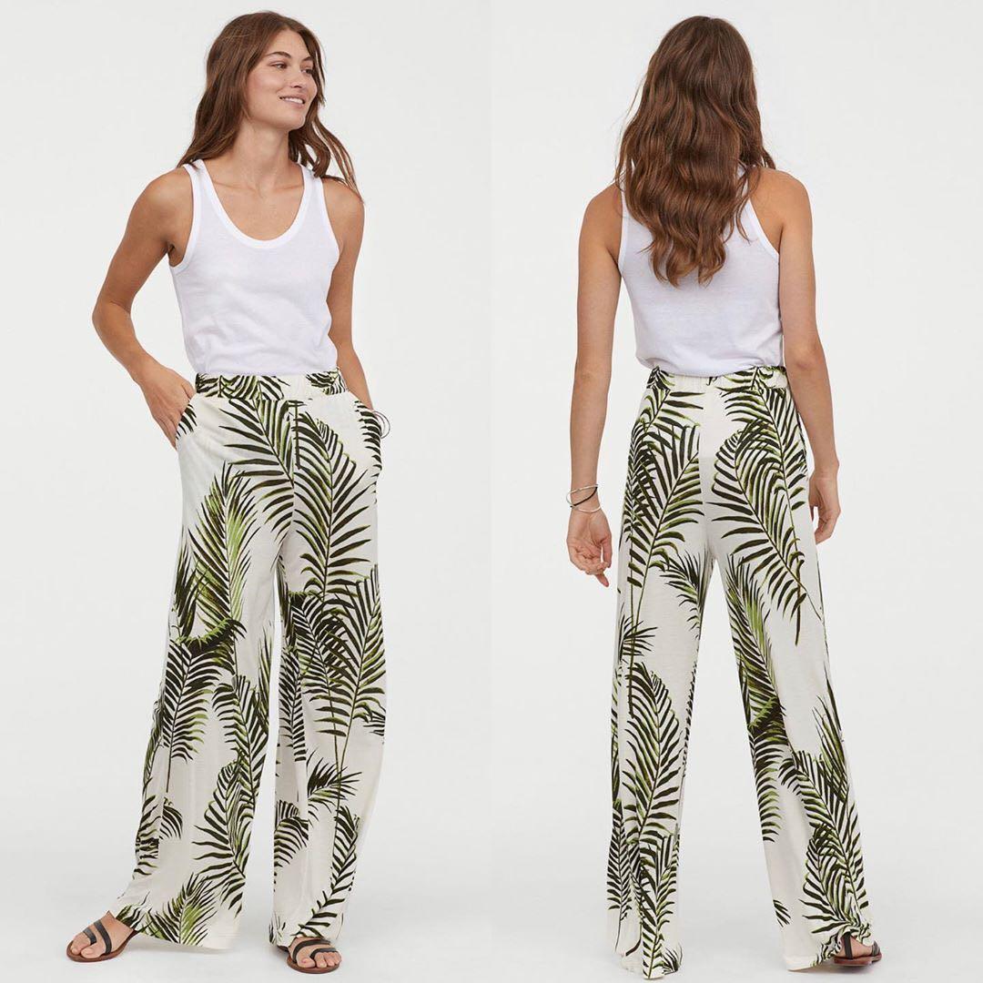 H\u0026M WIDE-CUT JERSEY PANTS - WHITE PALM 