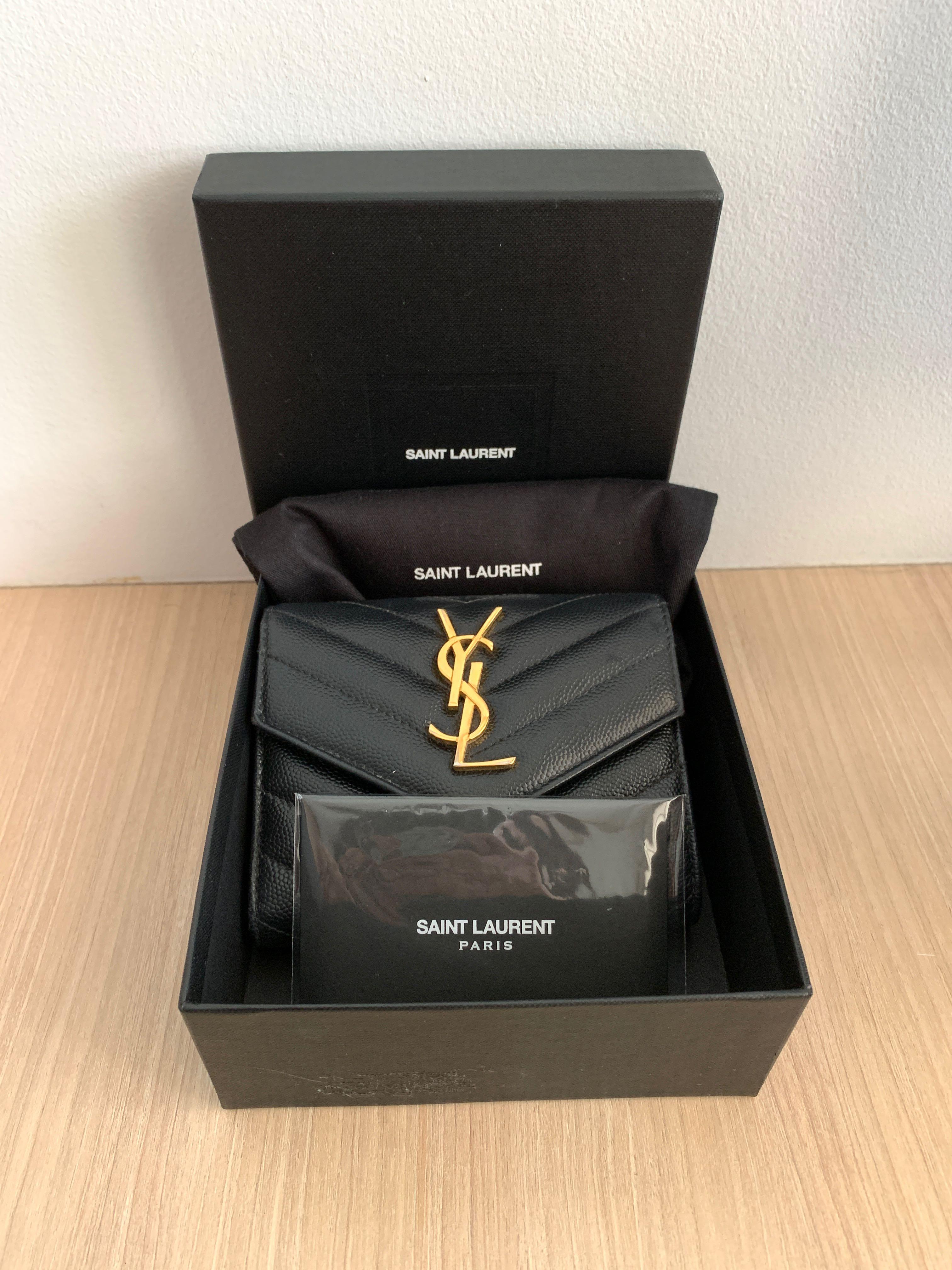 SAINT LAURENT (YSL) MONOGRAM COMPACT TRI FOLD BLACK WALLET, Luxury