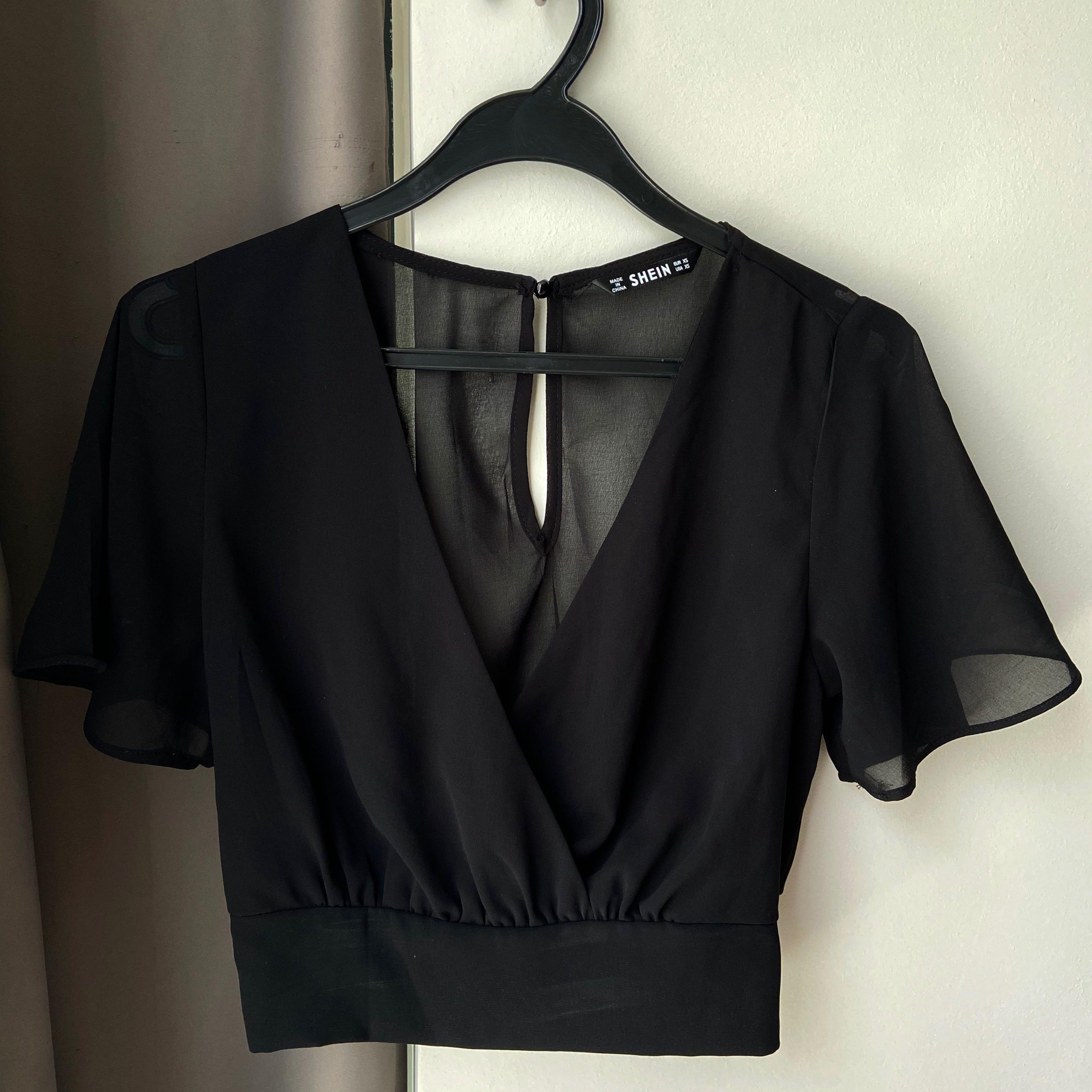SHEIN Black Mesh Crop Blouse, Women's 