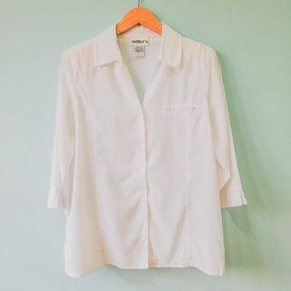 ✨[White Blouse]✨Plain Collared Neck 3/4 Sleeve Partial See through Blouse