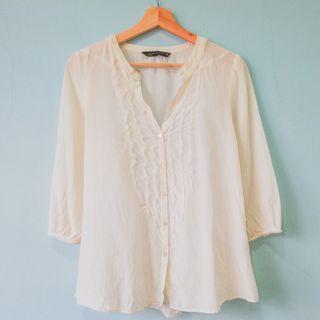 ✨[White Blouse]✨Plain V Neck 3/4 Sleeve Partial See through Blouse ZARA