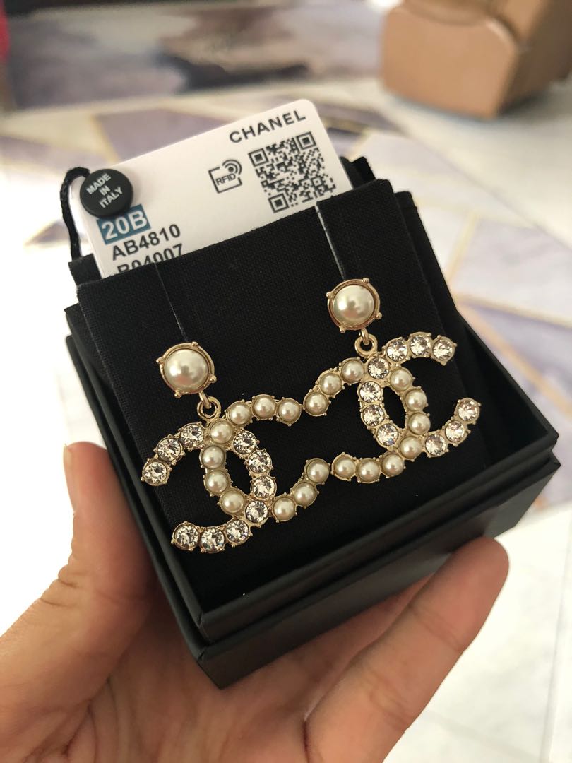 CHANEL, Jewelry, Auth Bn Chanel Large Cc Logo Dangle Earrings Gold Metal  Hdw W Pearl Crystal