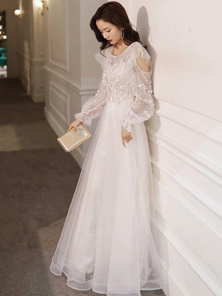 White mesh sleeve elegant floral design dress evening gown Wedding Dress