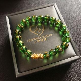 999 hard gold mini pixiu with 8mm green agate bracelet
