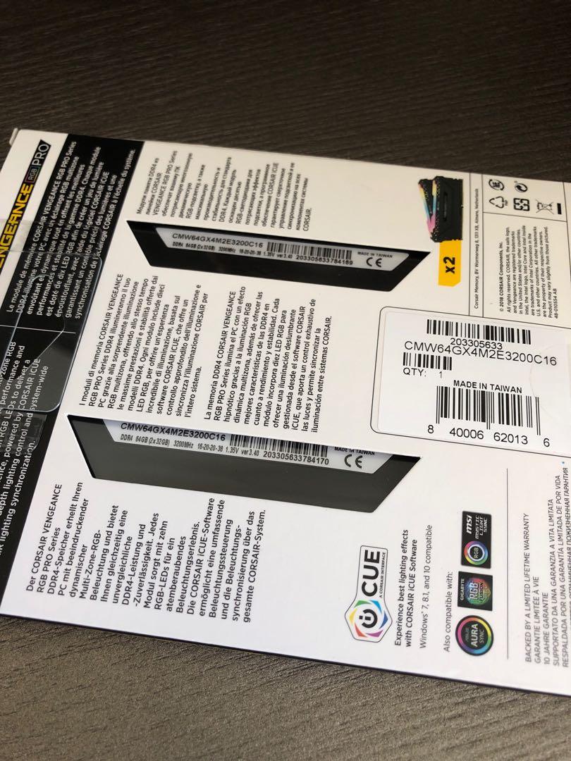 新品〕 Corsair Vengeance RGB Pro DDR4 64GB | 2x32GB 3200MHz, 電腦