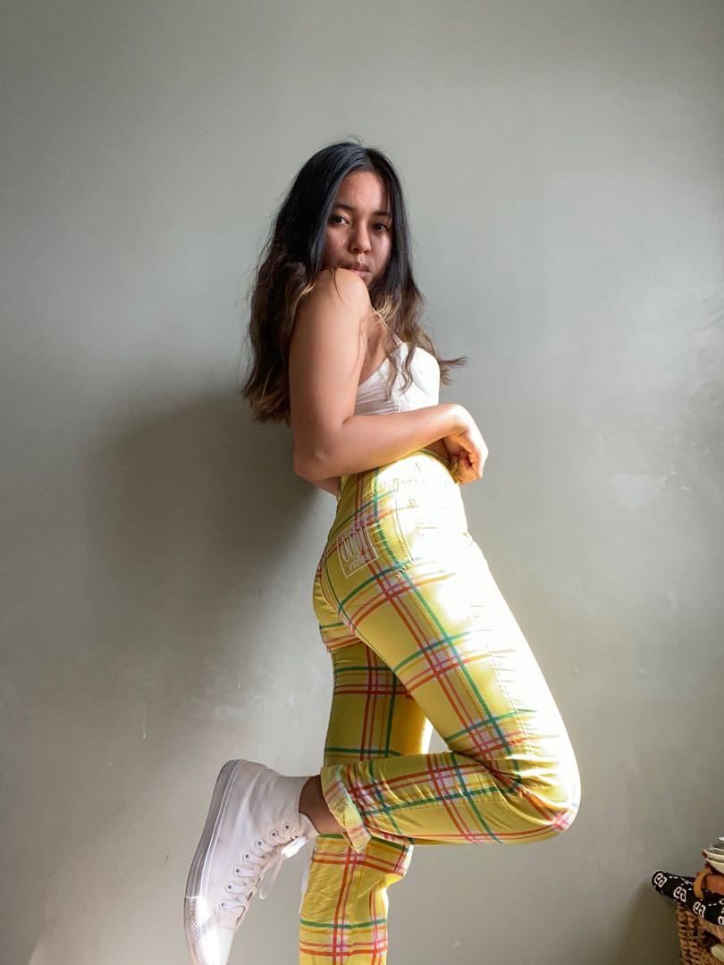 Yellow plaid pants womens best sale