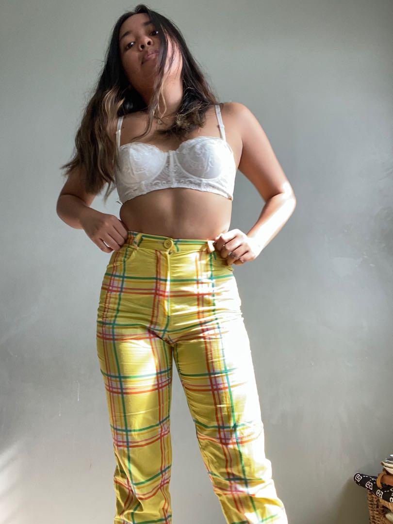High waisted yellow plaid pants online