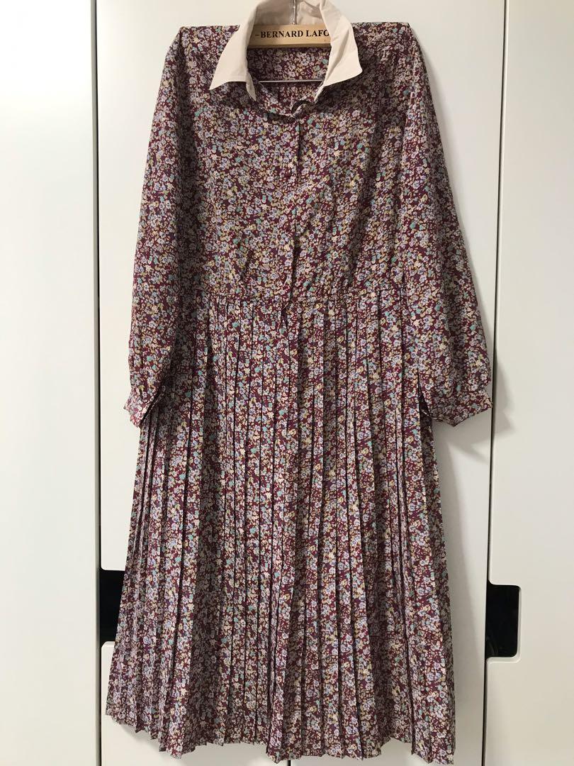 Japanese Vintage Dress 80's Vintage Retro Brown Dress with Floral Prints