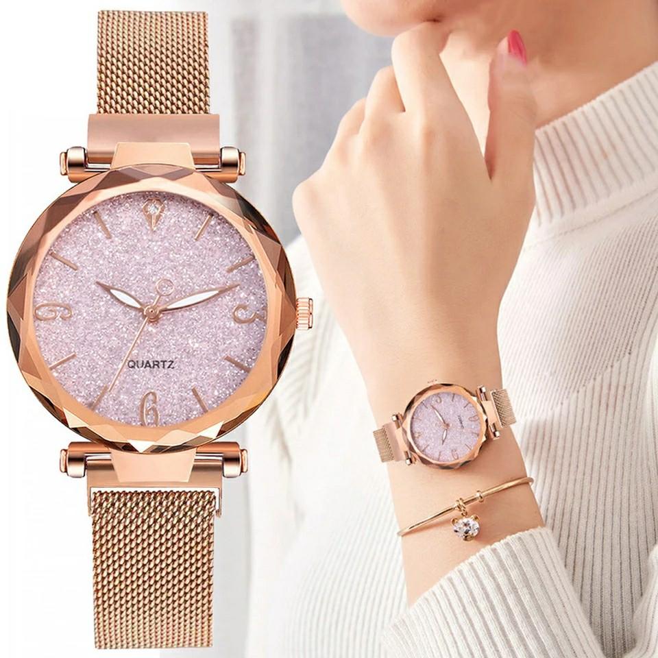 Rose Gold Women Watch Magnetic Starry Sky Lady Wrist Watch