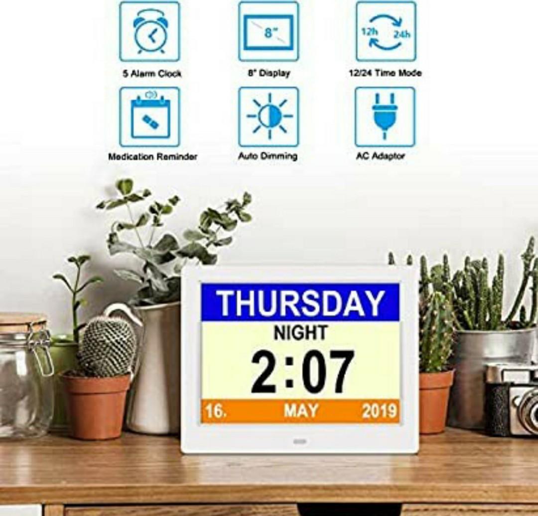 SSA Dementia Clock, 8" Day Clock Clear Large NonAbbreviated Day & Month Wall hanging Desk/Shelf