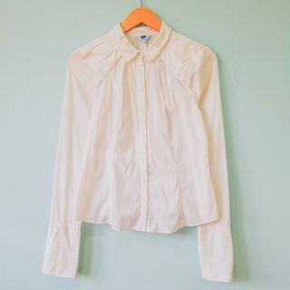 ✨[White Blouse]✨Plain Collared Neck Long Cuff Sleeve Less See through Blouse