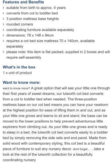 lulworth cot bed mattress size