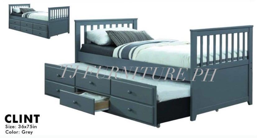 Single Bed W/ Pullout Bed (Category: Bed Frames & Mattresses) located in Quezon City. Submitted by tjfurnitureph (Listing ID 1035097801, Image 1). Description: Model: Clint Dimension: Bed-36x75 Pullout- 36x75 Color: Grey All Brandnew‼️ Additional delivery charge. Depending on the Area We Accept Cash on Delivery 🚛 Pm us for inquiries! 🤗.