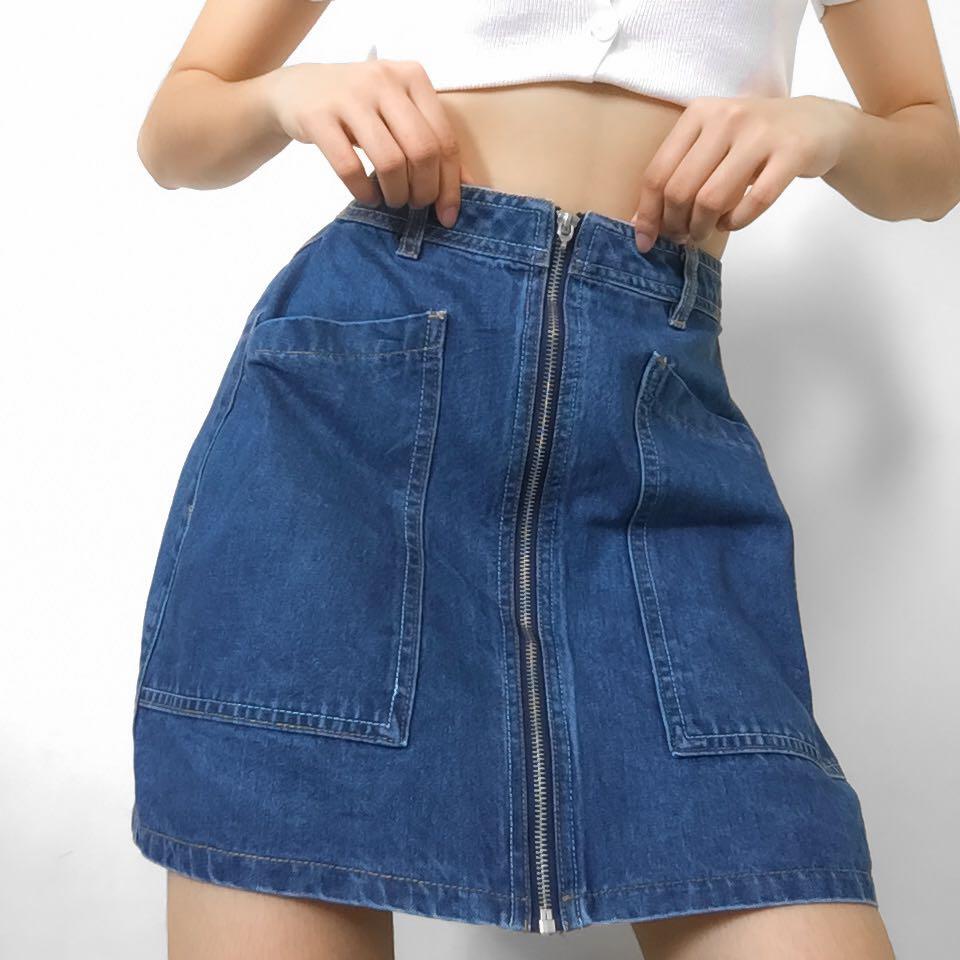 Denim skirt zipper front shop